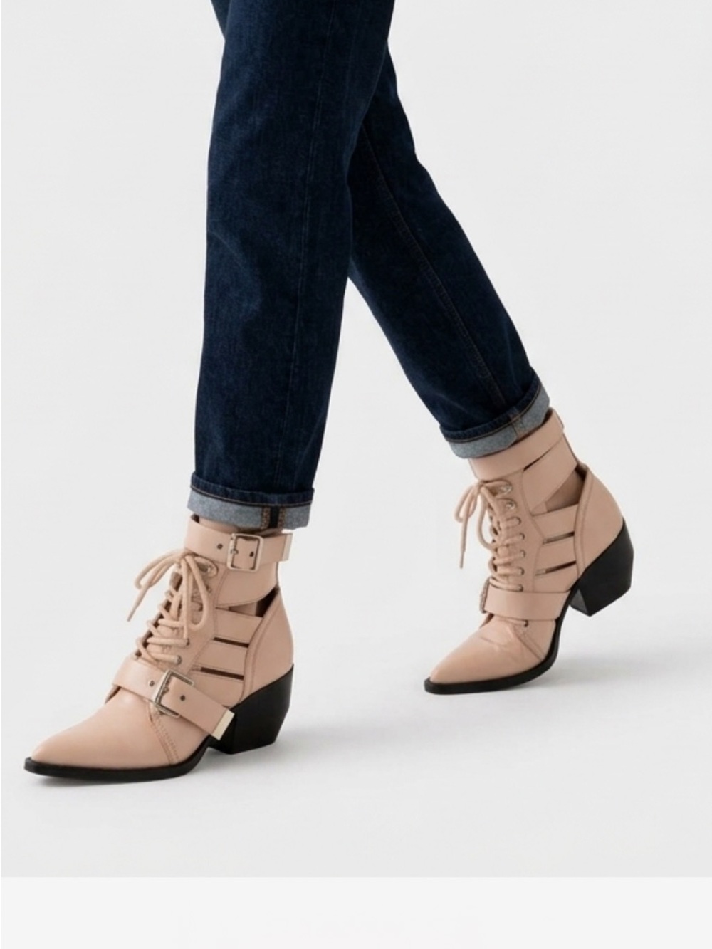 Chloe Blush Pink Lace-Up Ankle Booties with Buckle Straps